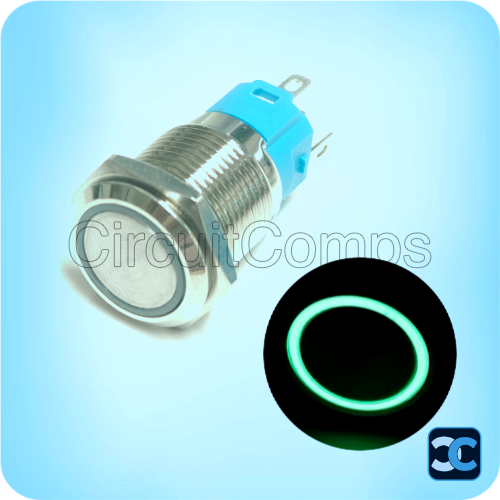 16mm Green LED Push Button Switch Momentary Stainless Steel 5 Pin IP65