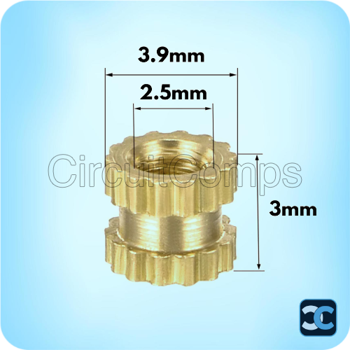 M2.5 x 3mm Brass Threaded Insert ID 2.5mm OD 3.9mm
