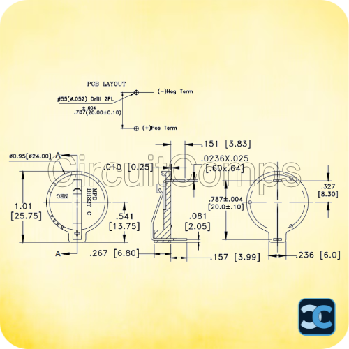 CR2032 Battery Holder | Top Spring Arm PCB Mount Coin Cell Holder