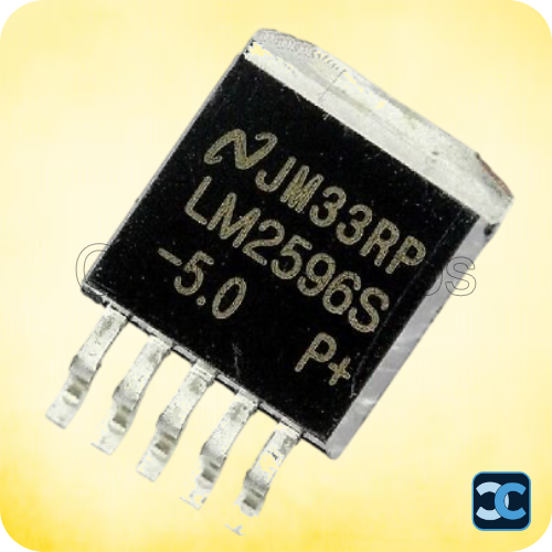Electronic component with 'LM2596S' marking on a yellow background