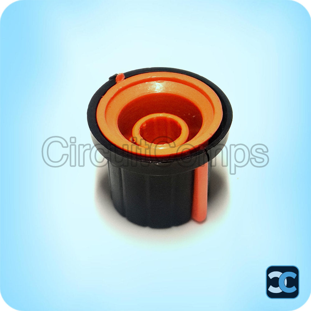 Black Potentiometer Knob 6mm Shaft Rubber Feel Push Fit Orange Pointer