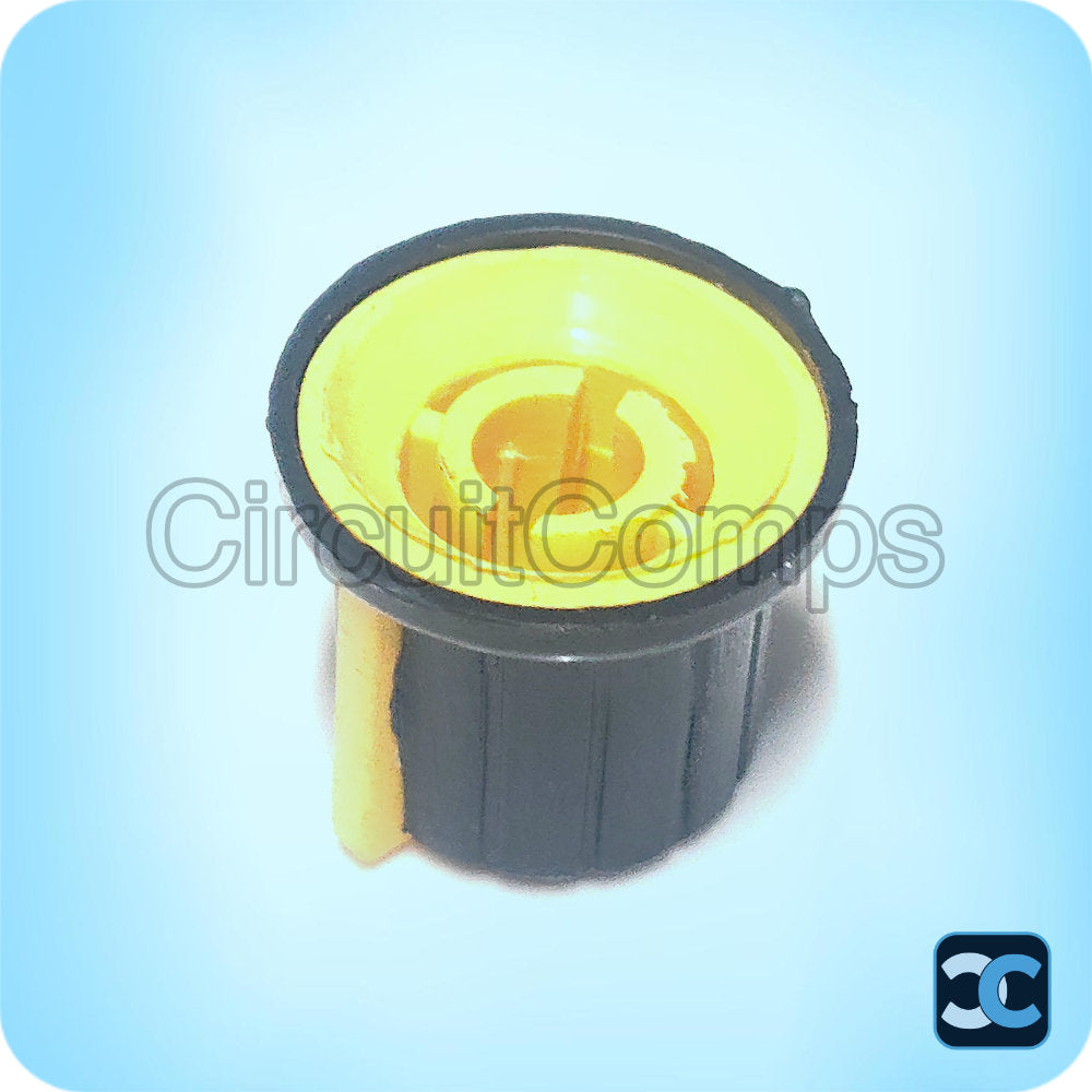Black Potentiometer Knob 6mm Shaft Rubber Feel Push Fit Yellow Pointer